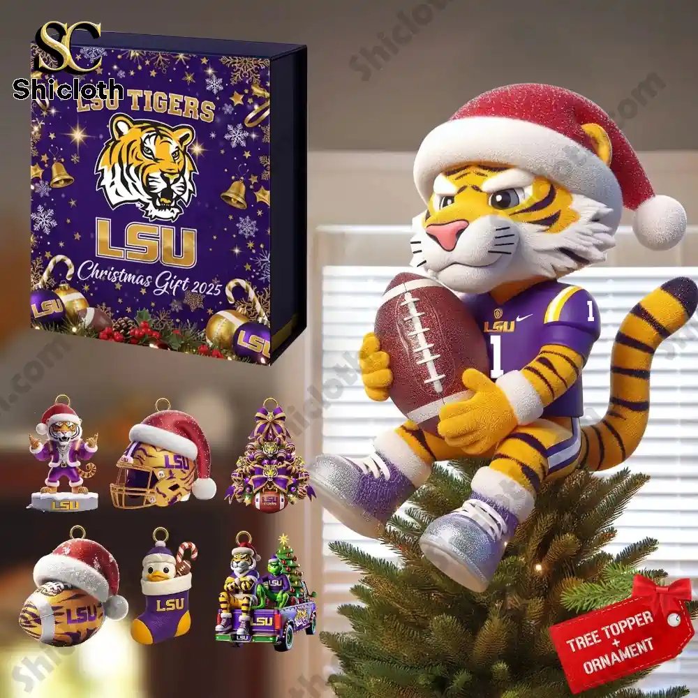 LSU Christmas gift set with ornaments and tree topper featuring tiger mascot.