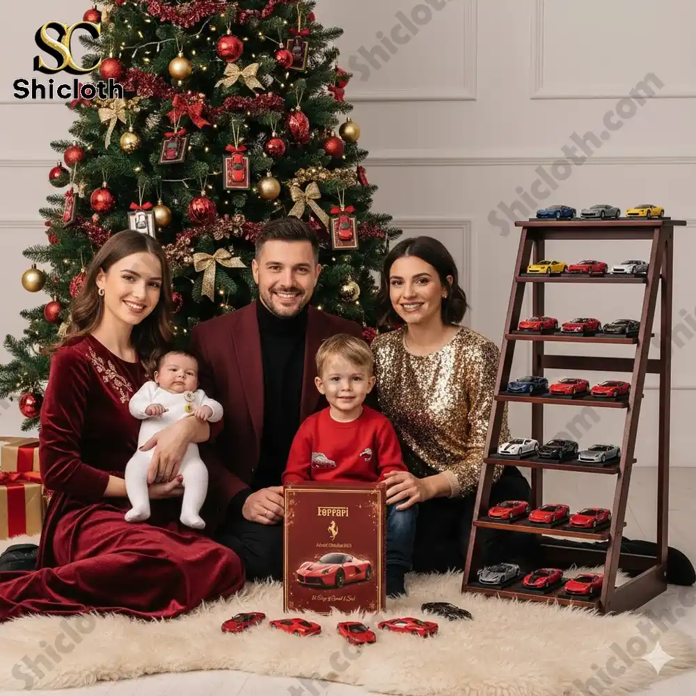 A family sitting in front of a Christmas tree with the Ferrari Advent Calendar 2025 and model cars displayed.