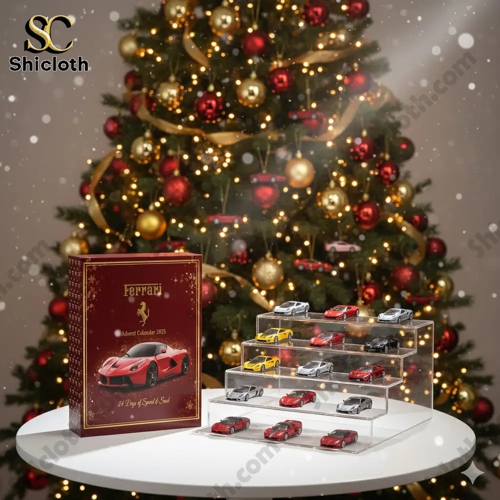 Ferrari Advent Calendar 2025 displayed with Ferrari model cars beside a Christmas tree.