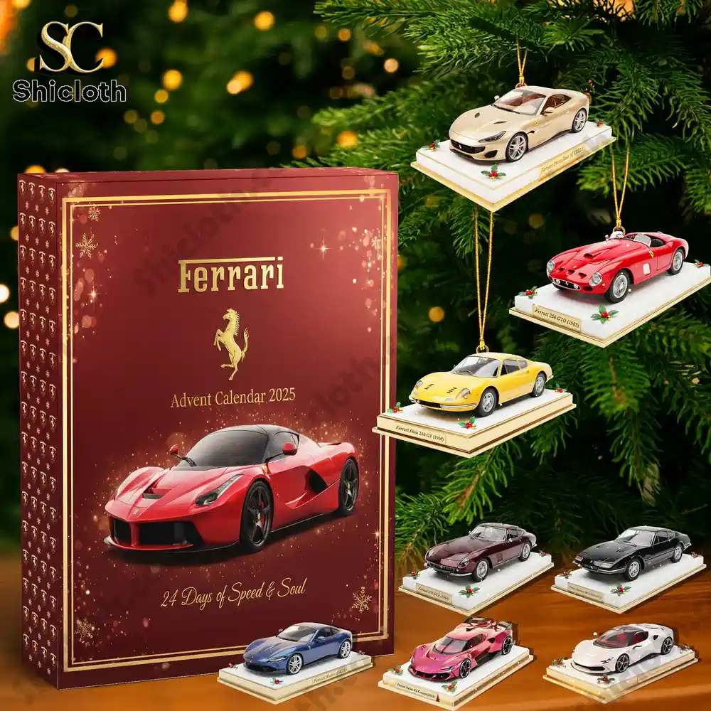 Luxury Car 2025 Advent Calendar Blind Box Christmas Gifts For Car Lovers 3 Ferrari Advent Calendar 2025 with Ferrari car ornaments hanging on a Christmas tree.
