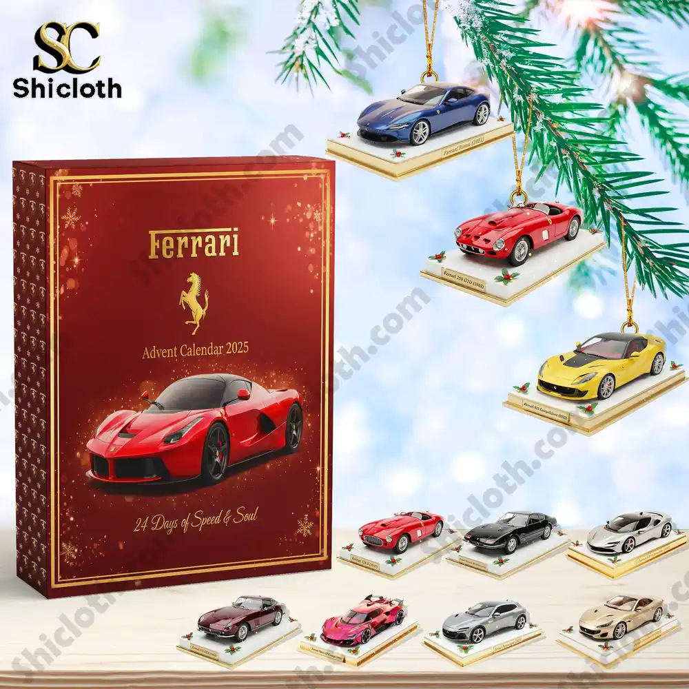 Luxury Car 2025 Advent Calendar Blind Box Christmas Gifts For Car Lovers 4 Ferrari Advent Calendar 2025 with colorful Ferrari model cars displayed on snowy branches.