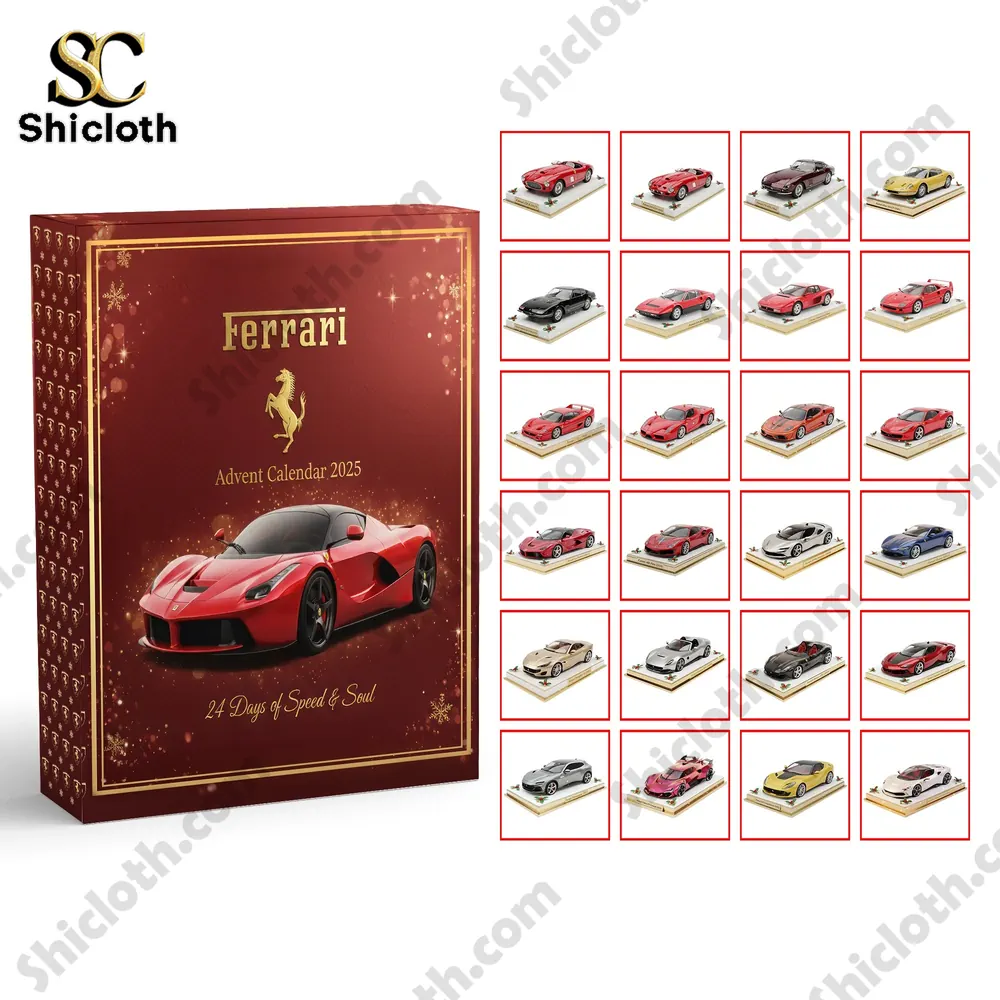 Luxury Car 2025 Advent Calendar Blind Box Christmas Gifts For Car Lovers 5 Ferrari Advent Calendar 2025 with 24 Ferrari model cars in a red grid display.