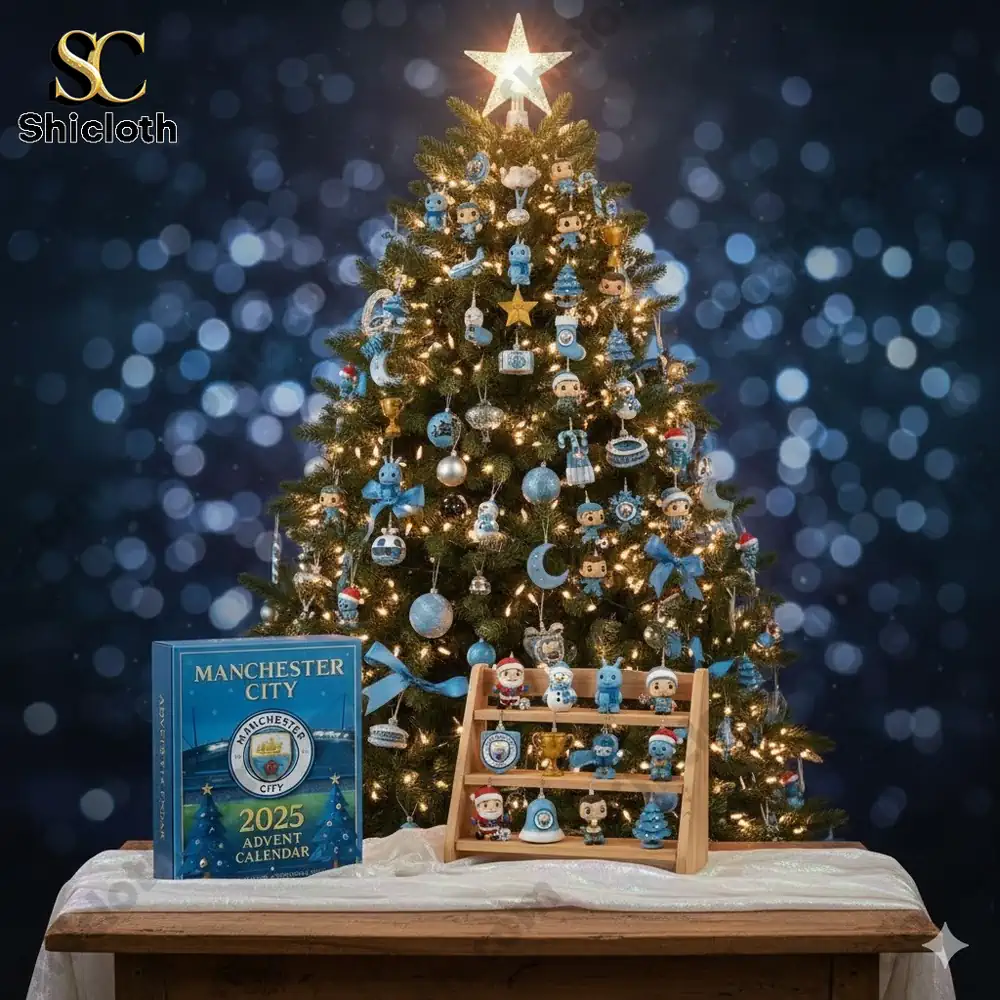 A decorated Christmas tree with a Manchester City 2025 advent calendar box and small blue themed ornaments on a wooden display!