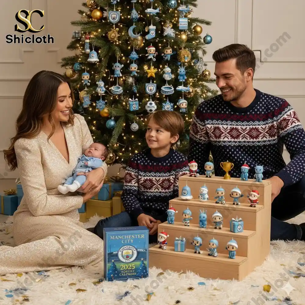 Family portrait by a Christmas tree with the Manchester City advent calendar box and figurines arranged on wooden steps!