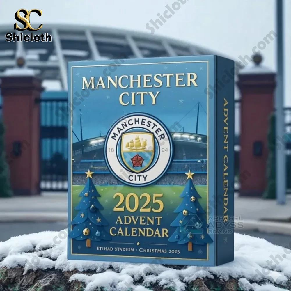 Manchester City Advent Calendar 2025 The Citizens of Manchester 3 Manchester City 2025 advent calendar box outdoors with a stadium backdrop and light snow on the ground!