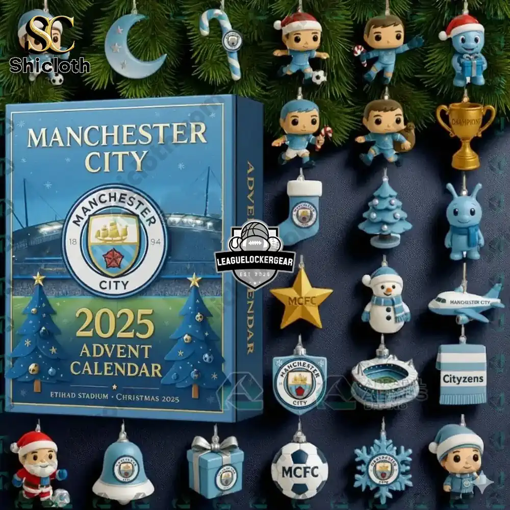 Manchester City Advent Calendar 2025 The Citizens of Manchester 4 Close up of Manchester City themed ornament charms and miniature gifts displayed next to the advent calendar box!