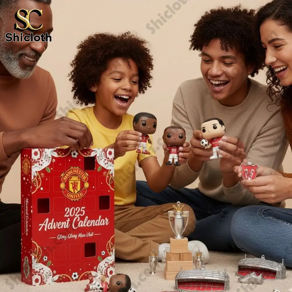 A happy family opening the Manchester United 2025 Advent Calendar and playing with collectible figures from Shicloth.