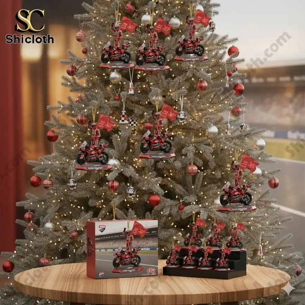 Christmas tree decorated with Ducati motorbike ornaments and Marc Marquez figurines holding flags.