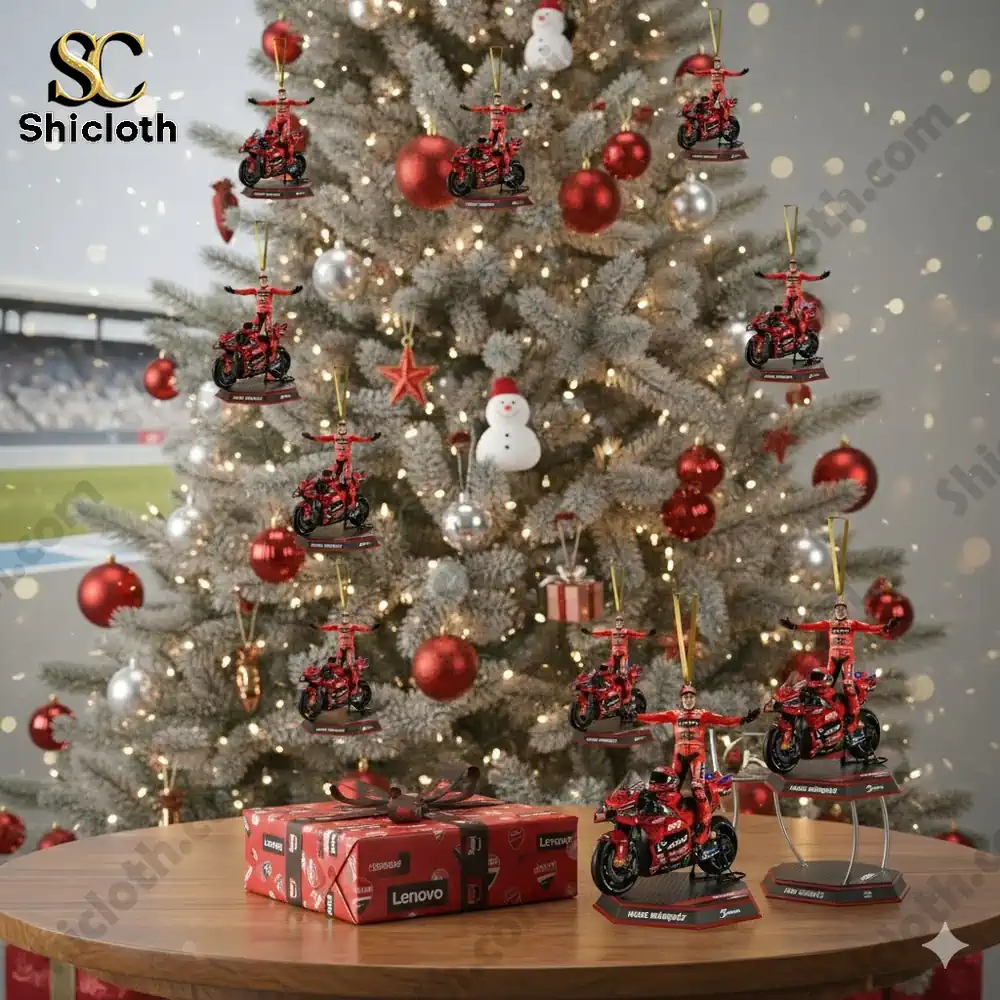 Christmas tree decorated with Ducati motorbike ornaments and Marc Marquez figures.