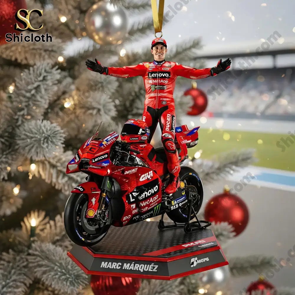 Marc Marquez figurine on a Ducati motorbike with a festive background.
