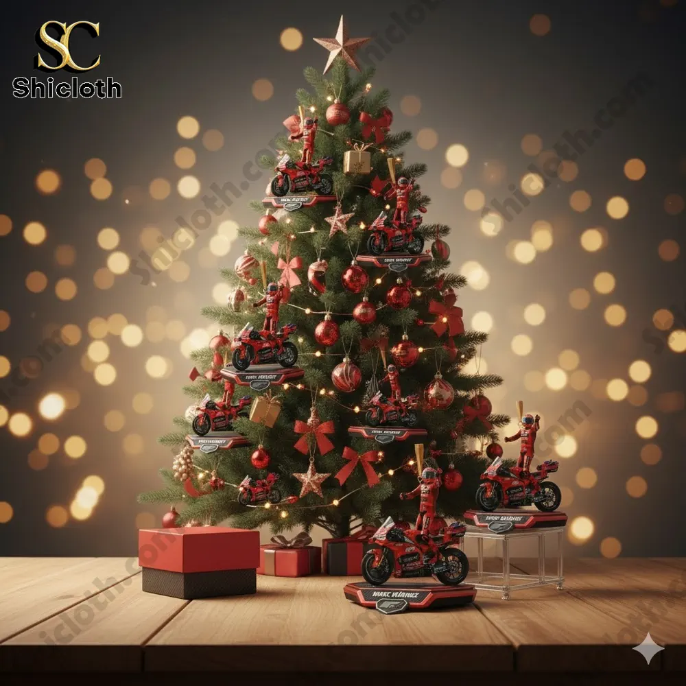 Christmas tree decorated with Ducati motorbike ornaments and Marc Marquez figurines holding flags.