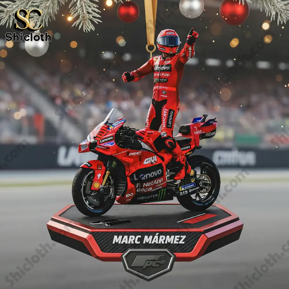 Marc Marquez figurine on a Ducati motorbike holding a victory flag.