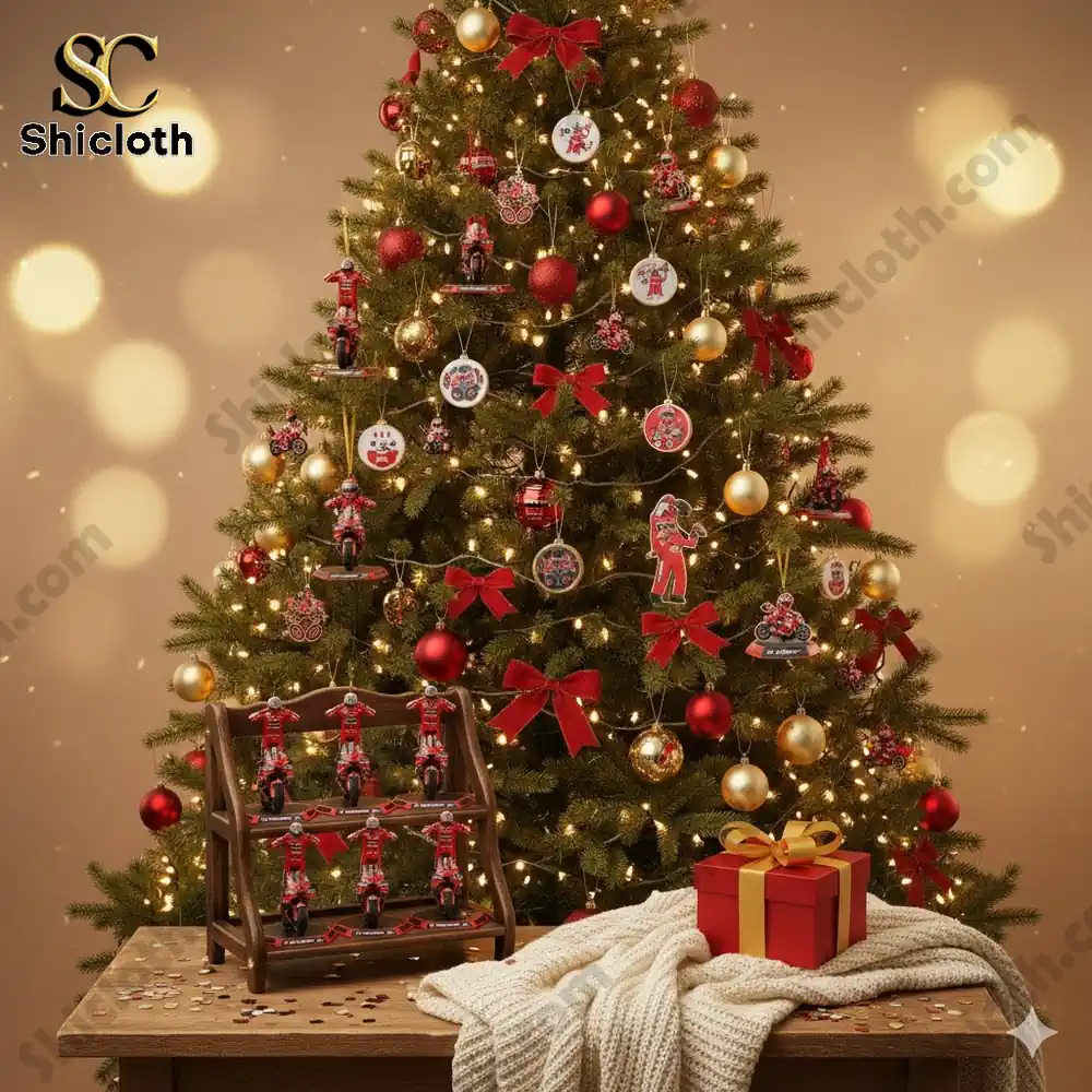 A Christmas tree decorated with Marc Marquez MotoGP Ducati ornaments and lights.