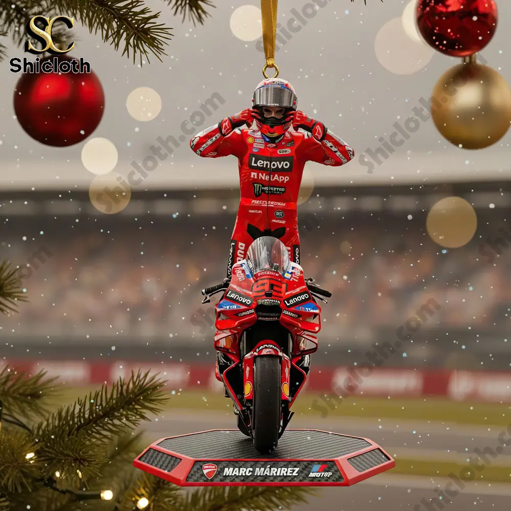 Marc Marquez MotoGP Ducati ornament hanging on a Christmas tree.