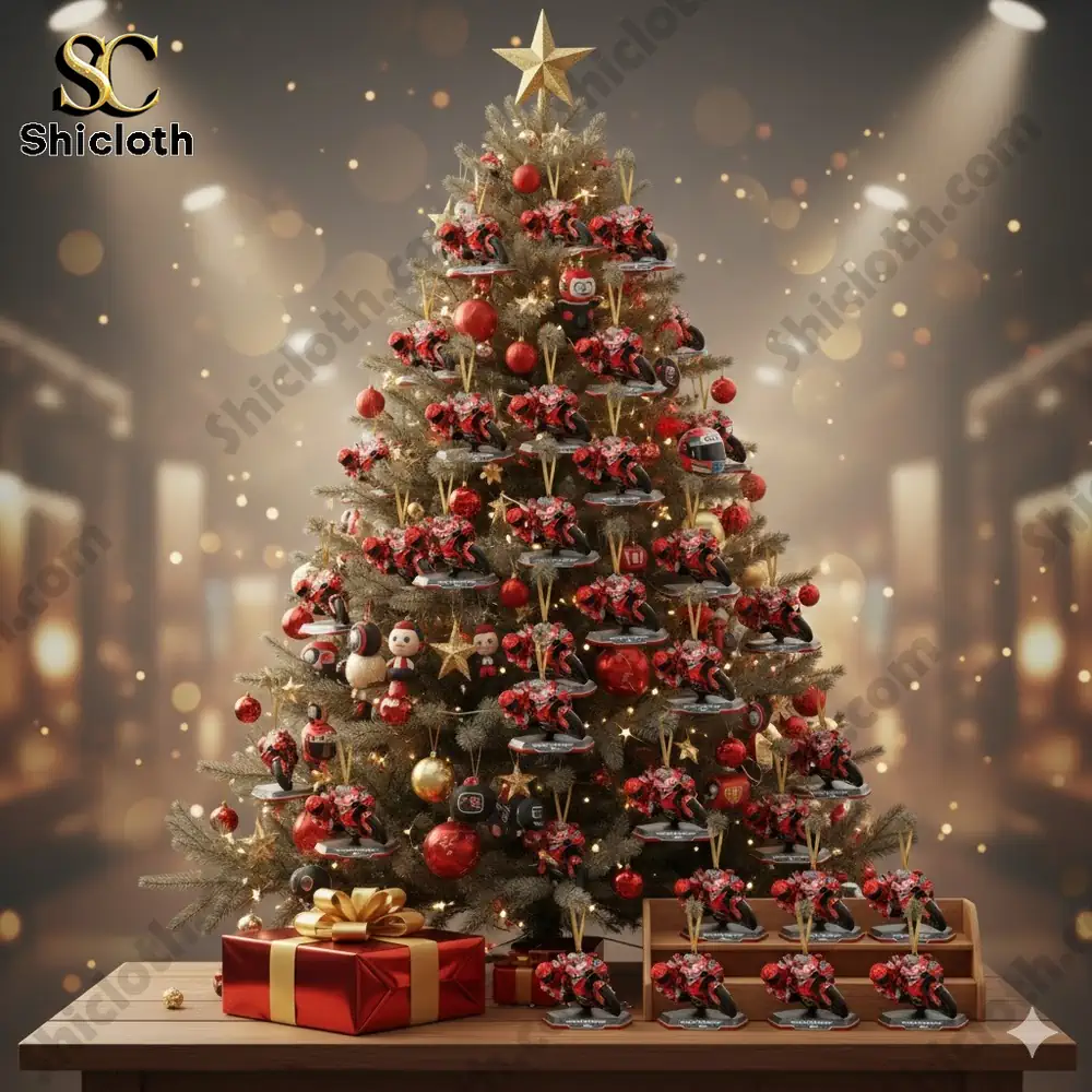 A decorated Christmas tree with Marc Marquez MotoGP ornaments hanging from the branches.