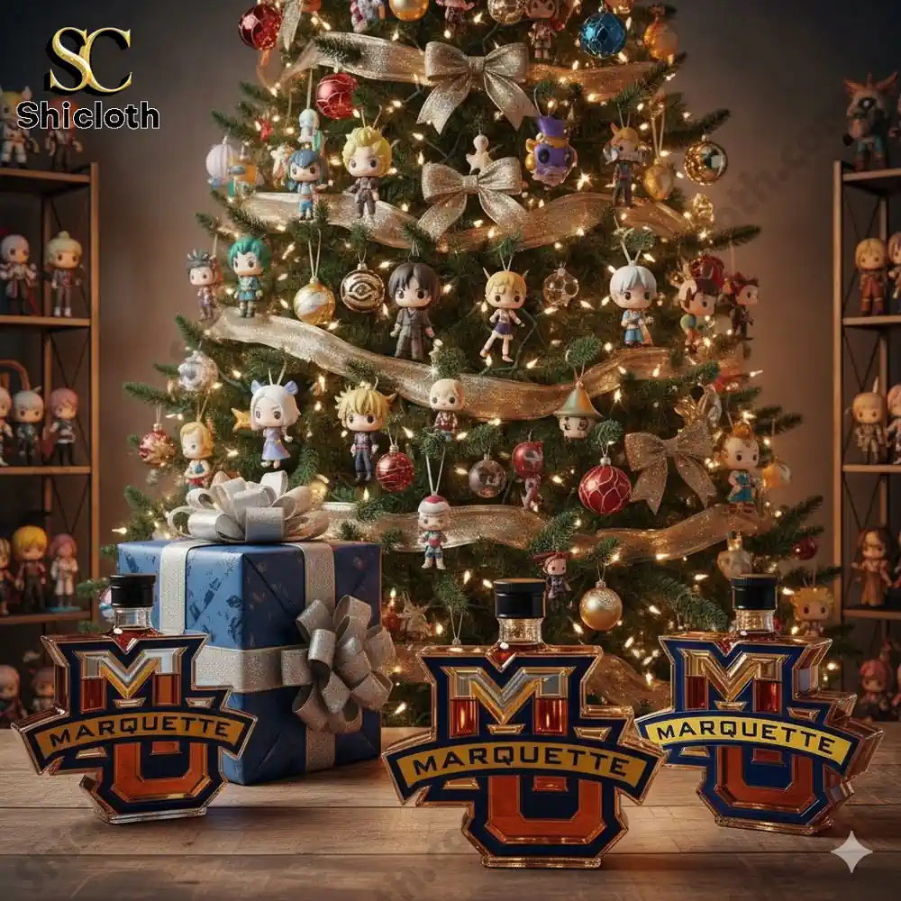 Marquette themed bottles displayed near a decorated Christmas tree with collectible figures.
