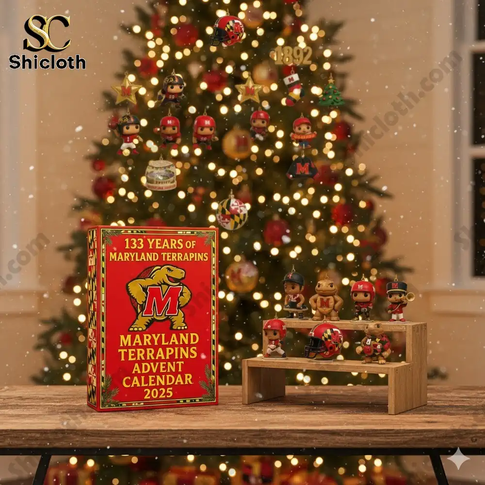 Maryland Terrapins Advent Calendar 2025 box displayed in front of a Christmas tree with glowing lights!