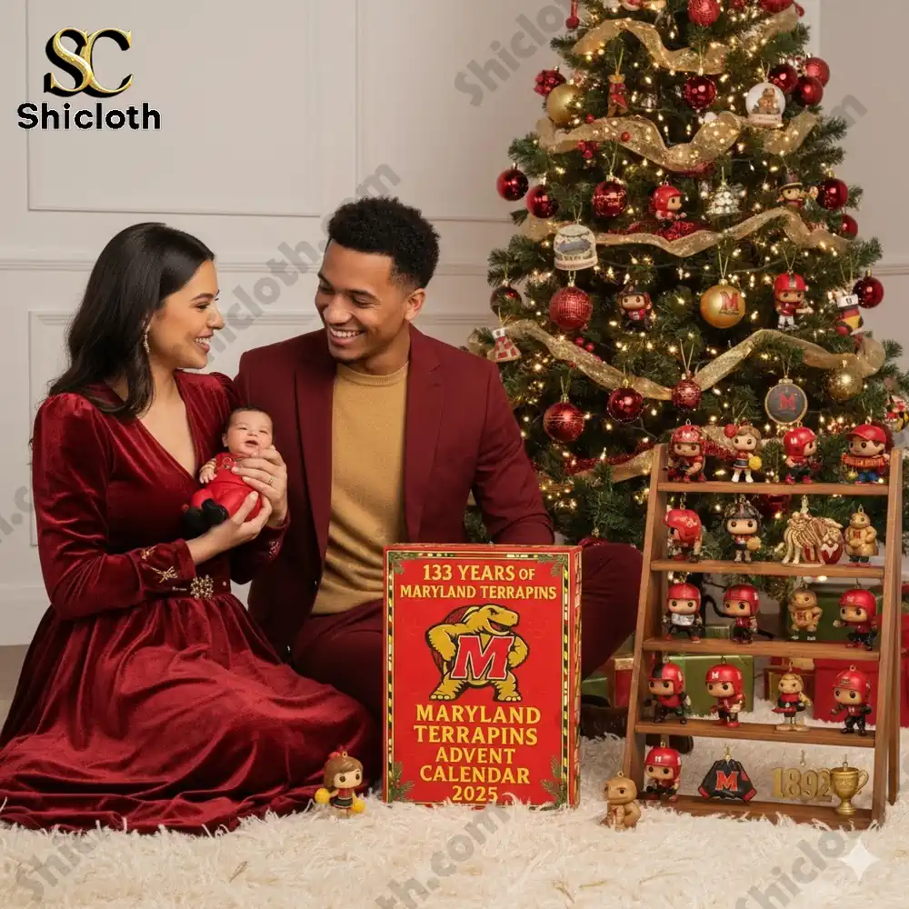 Family sitting by Christmas tree with Maryland Terrapins Advent Calendar 2025 and collectible figurines!