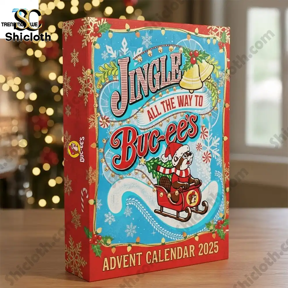 Medieval Cat Advent Calendar 2025 box by Shicloth placed on a wooden table with Christmas lights in the background.