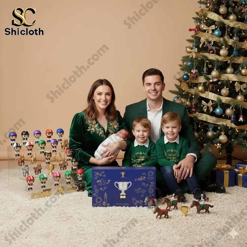 A smiling family sits near a Christmas tree with the Melbourne Cup 2025 Advent Calendar box and small horse rider figures on the floor!