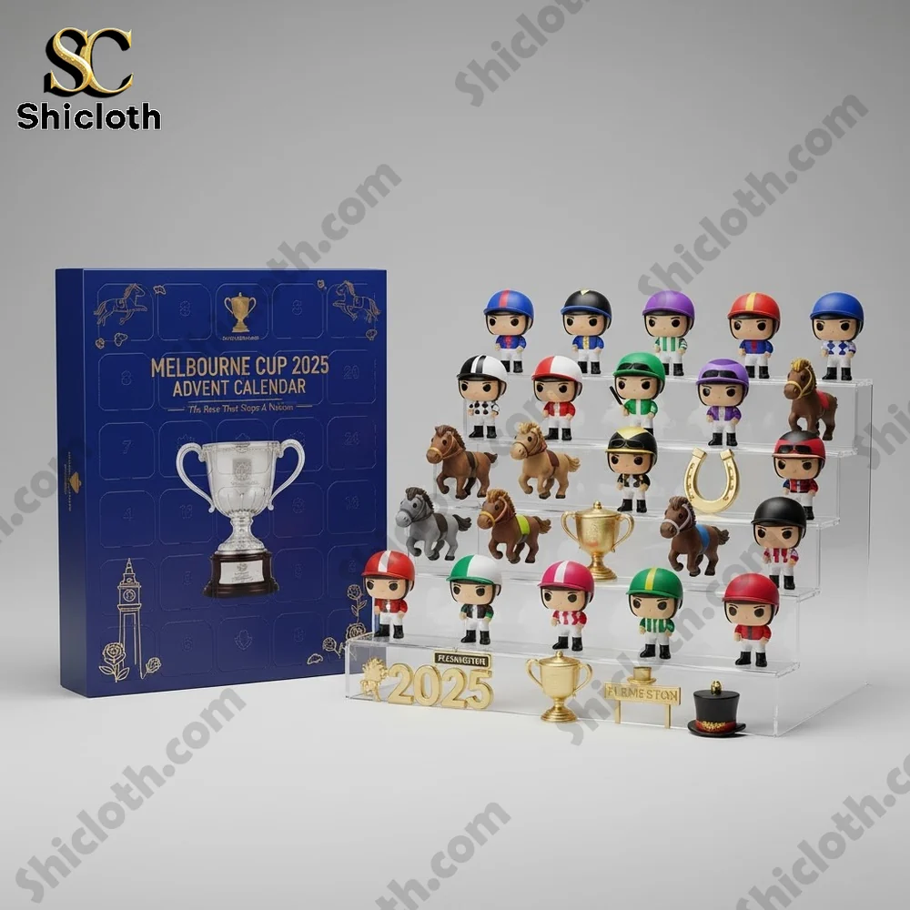 Melbourne Cup 2025 Advent Calendar box with horse rider figures and trophies displayed on transparent shelves!