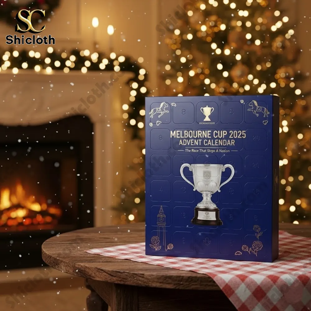 Melbourne Cup 2025 Advent Calendar 3 Melbourne Cup 2025 Advent Calendar box placed on a wooden table in front of a fireplace and Christmas tree!