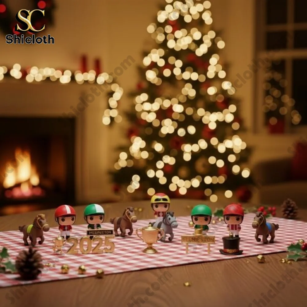 Melbourne Cup 2025 Advent Calendar 4 Mini horse rider figures and trophies from the Melbourne Cup 2025 Advent Calendar arranged on a table with a Christmas tree in the background!