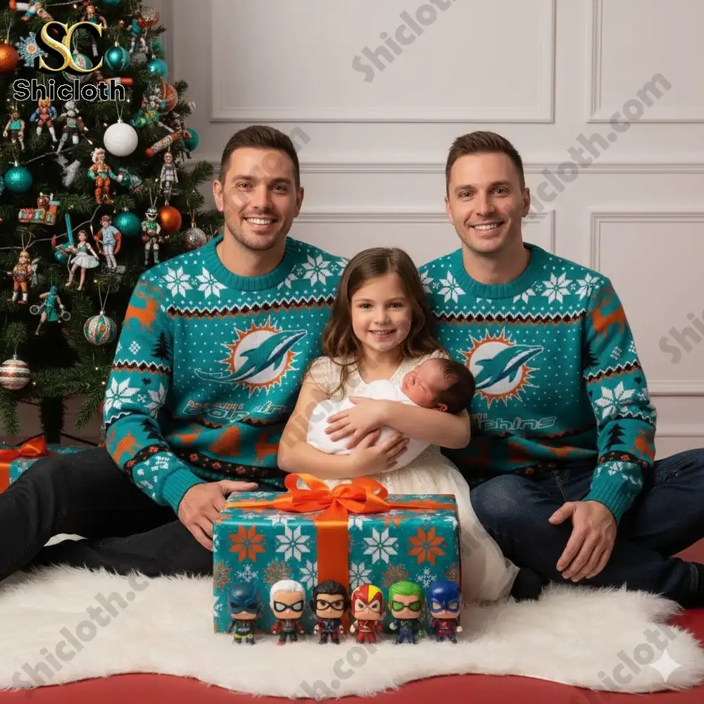A family wearing Miami Dolphins sweaters next to a Christmas tree, with a young girl holding a newborn baby and superhero figures in front.