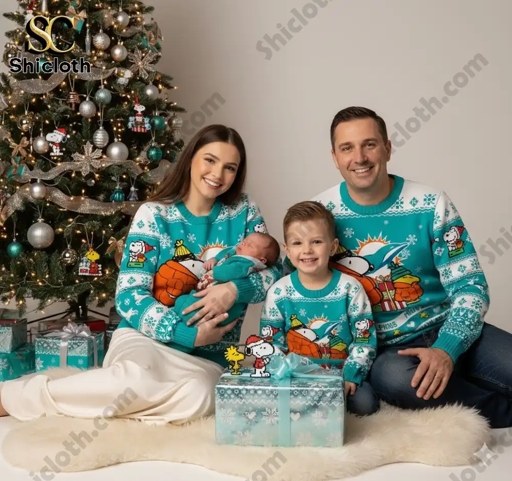 A family in matching Miami Dolphins themed Christmas sweaters with Snoopy designs, standing together by a decorated Christmas tree with gifts.