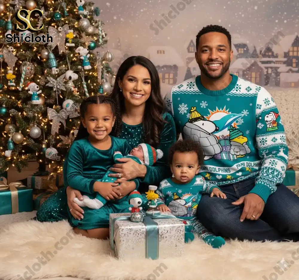 A family of four wearing Miami Dolphins Snoopy Christmas sweaters posing by a decorated Christmas tree. Two children and their parents smile while holding a baby.