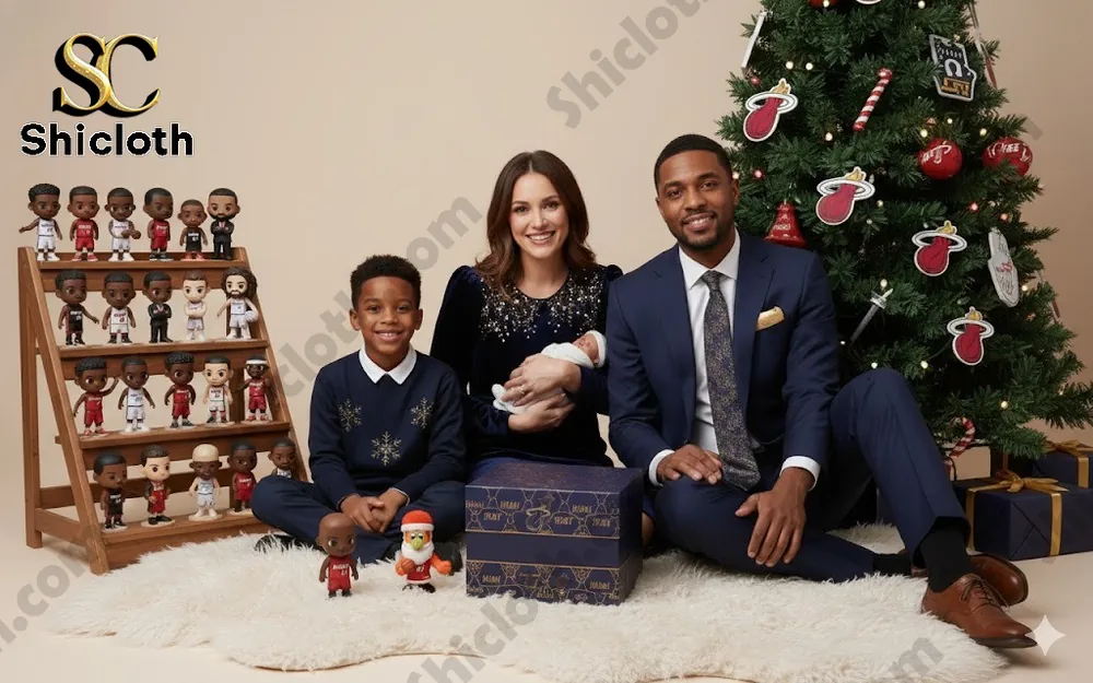 A family posing by a Christmas tree with a collection of Miami Heat figurines and gifts.