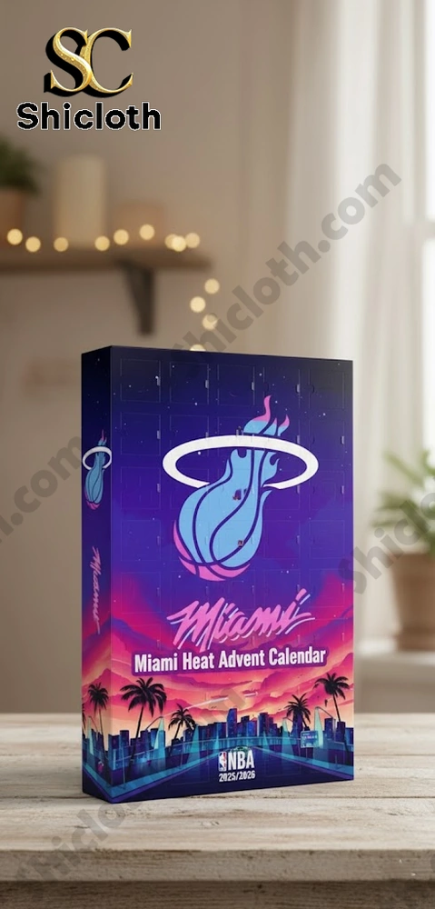 A colorful Miami Heat Advent Calendar box with city and palm tree design.