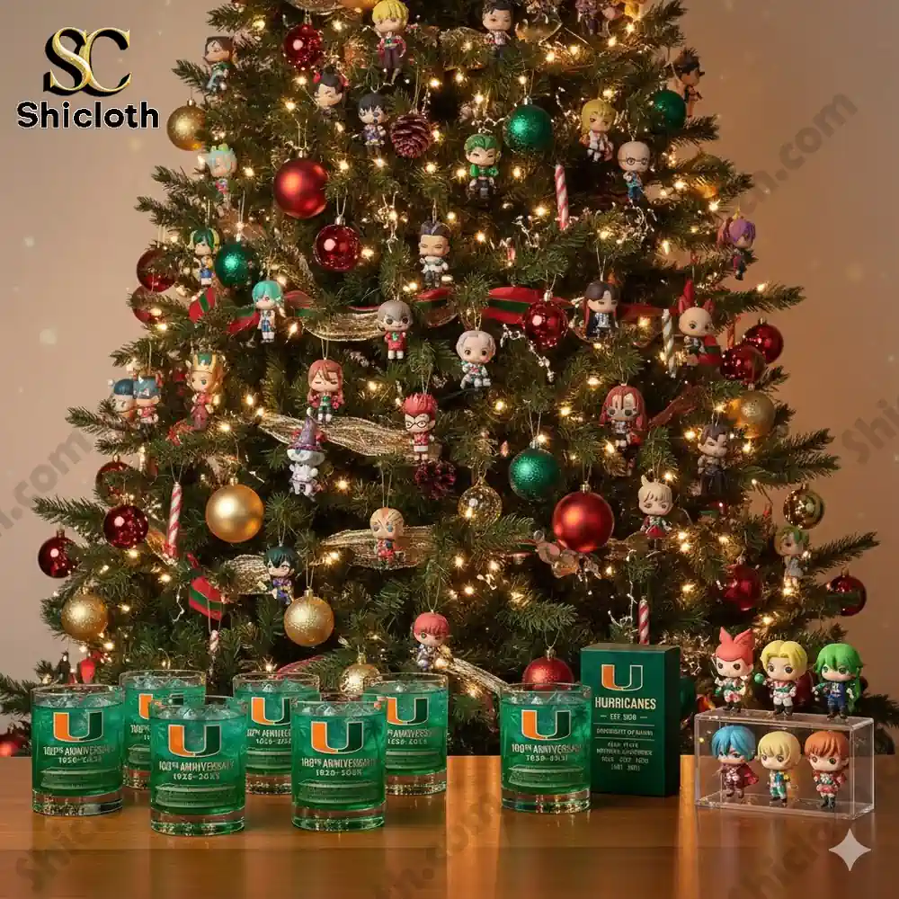 A Christmas tree decorated with many small character figures and Miami Hurricanes anniversary glasses displayed in front.