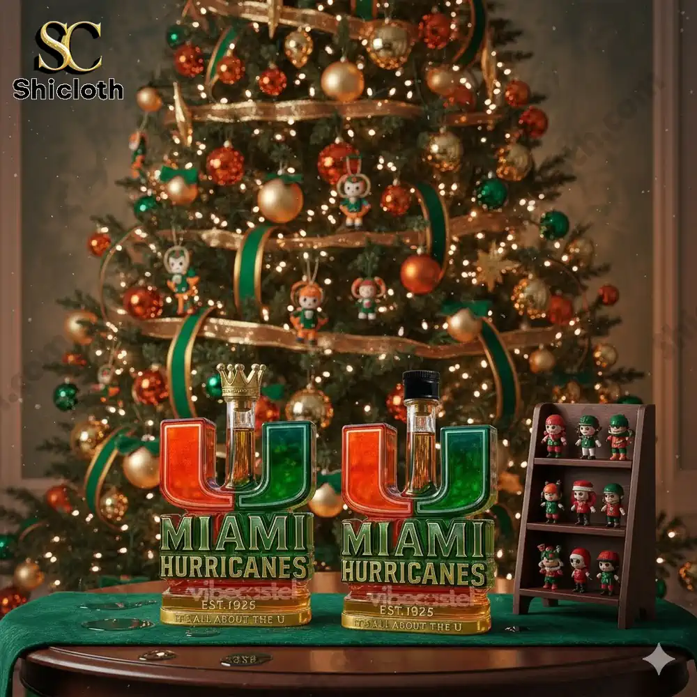 Two Miami Hurricanes U shaped bottles on a table in front of an orange and green Christmas tree with small figures beside them!