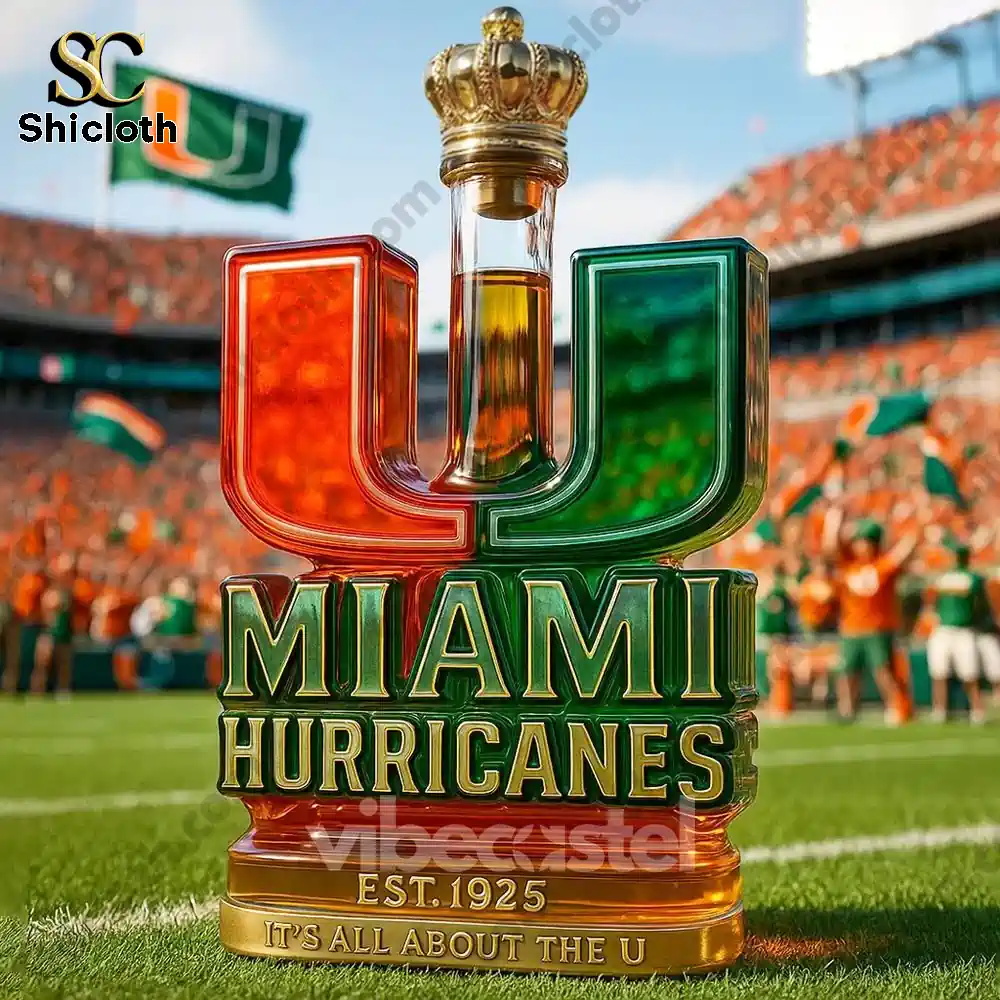 Miami Hurricanes U shaped bottle with crown cap on a football field in front of cheering fans!