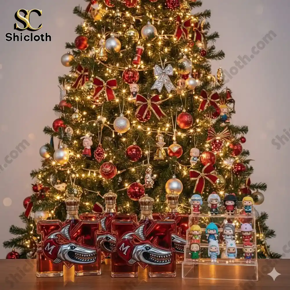 Christmas tree with glowing lights and decorative red bottles on a table in front!