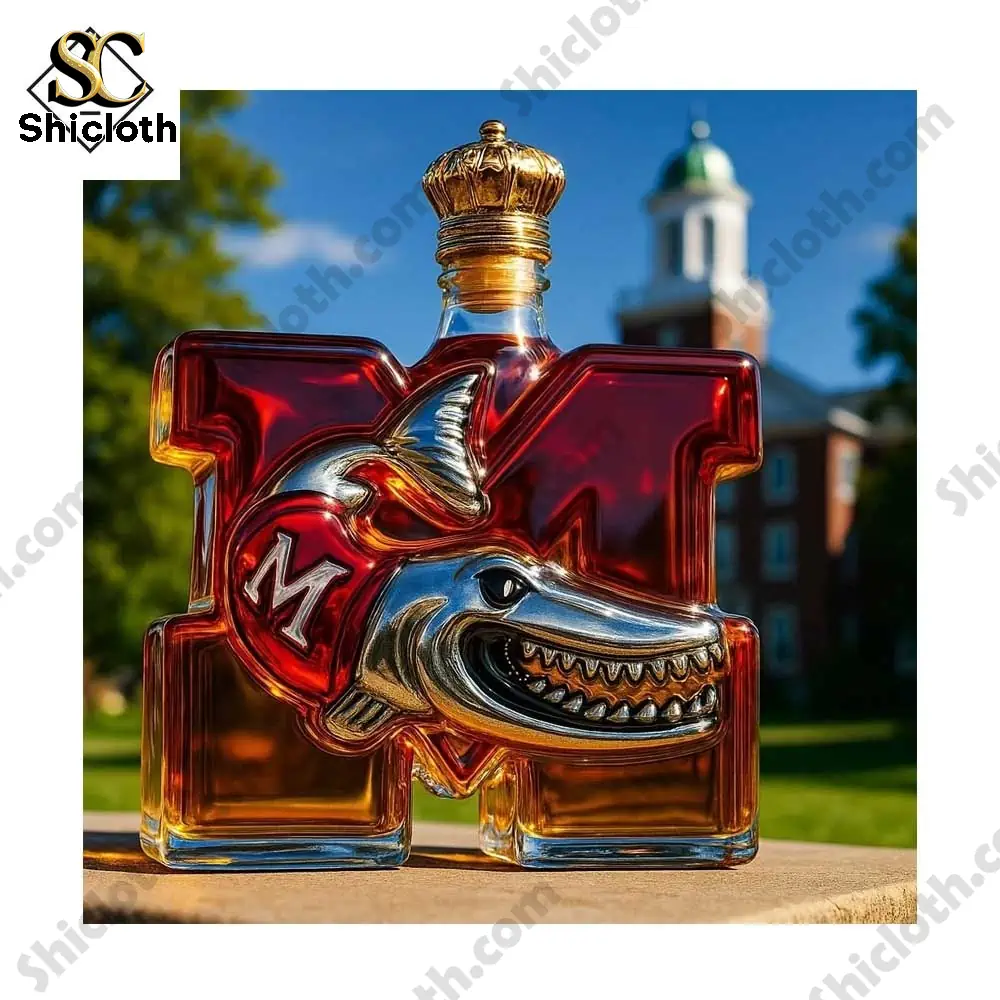 Red mascot bottle shaped like a large letter M displayed outdoors!