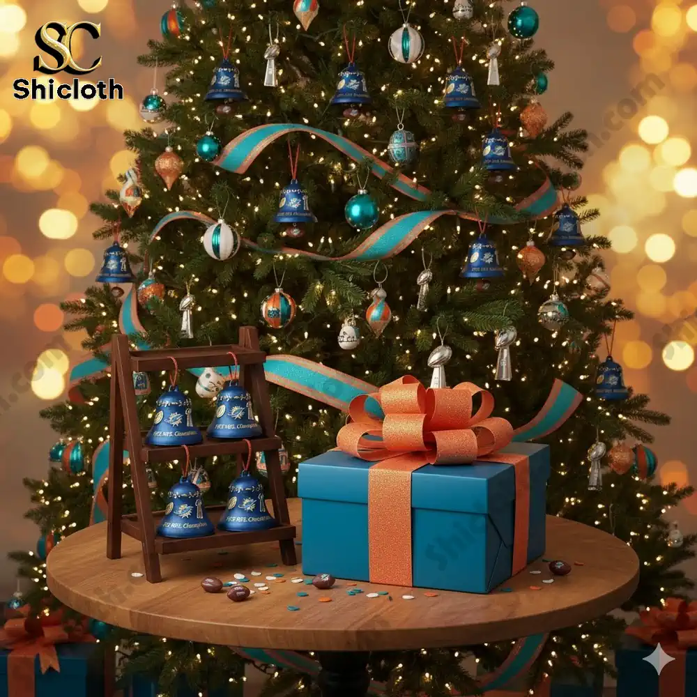 Christmas tree decorated with Miami Dolphins 1972 Championship bell ornaments and blue orange gift box on a wooden table!