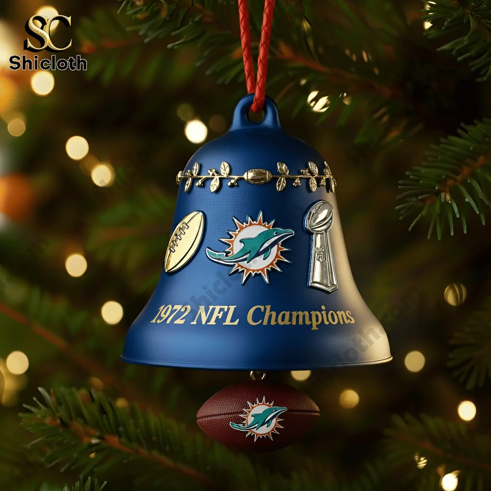 Close up of Miami Dolphins 1972 NFL Champions bell ornament hanging on Christmas tree branch!
