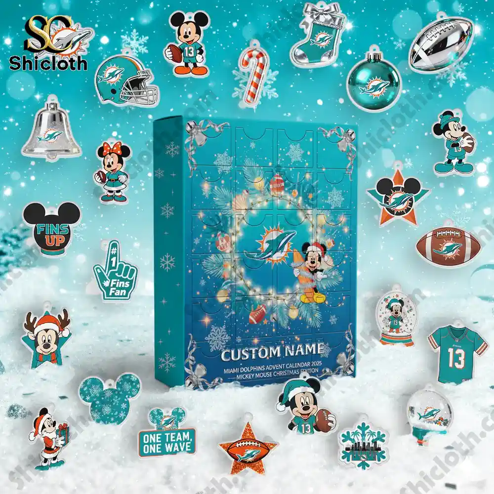 Miami Dolphins Mickey Mouse Custom Name Advent Calendar 2025 3 A Miami Dolphins themed advent calendar box surrounded by small ornaments and team decorations.