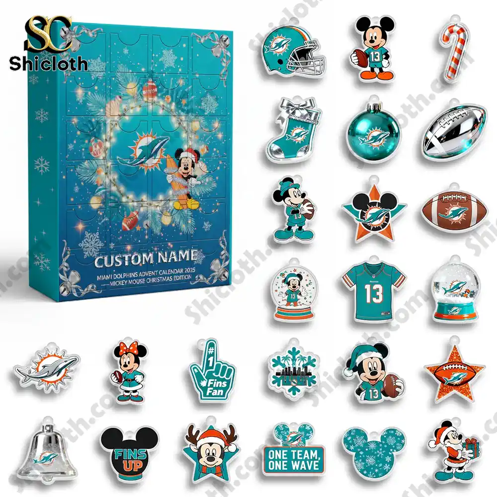 Miami Dolphins Mickey Mouse Custom Name Advent Calendar 2025 4 Miami Dolphins themed advent calendar with all included ornaments and accessories displayed.