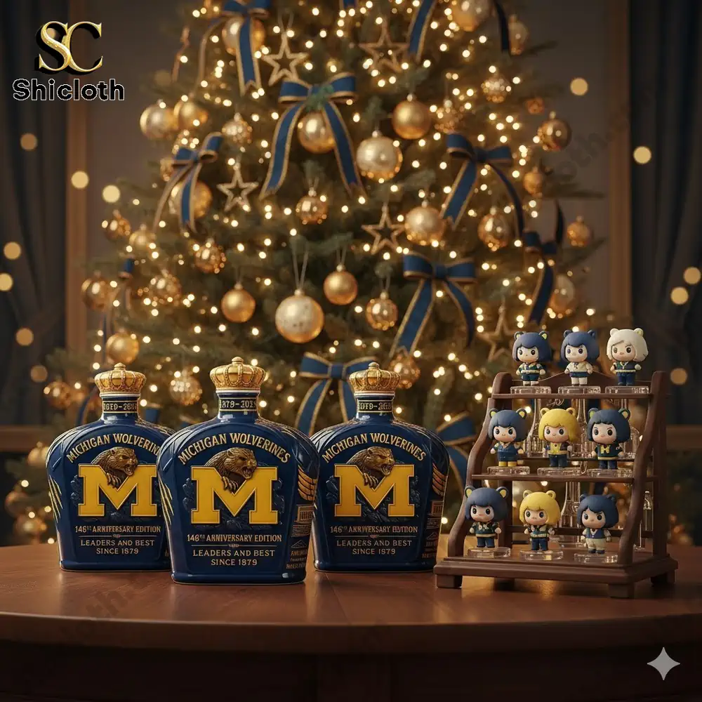 Michigan themed bottles and small character figures displayed in front of a decorated Christmas tree!