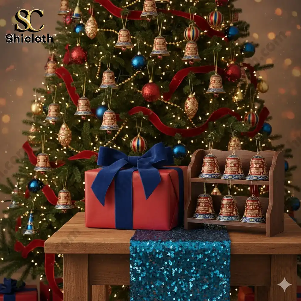 Christmas tree decorated with Michigan Wolverines 146th anniversary bell ornaments and a red gift box with blue ribbon on a wooden table!