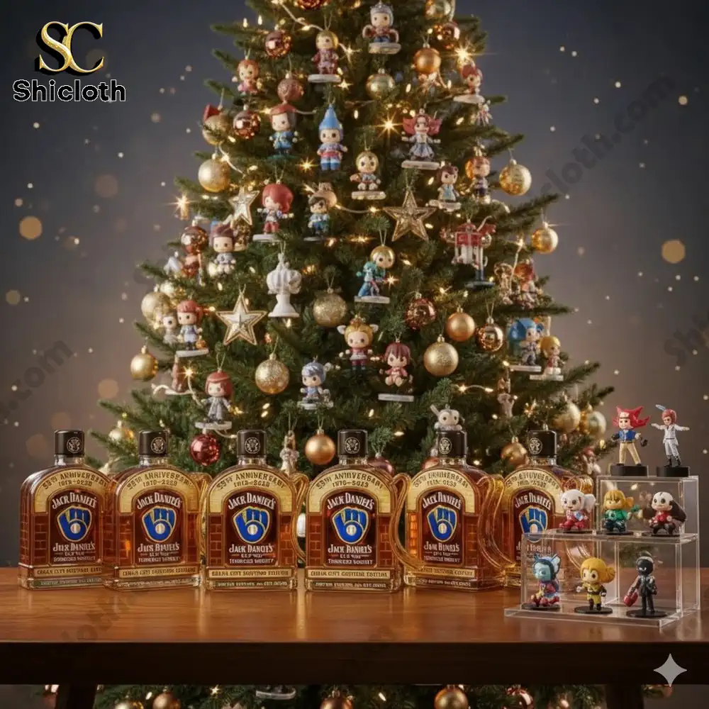 Christmas tree with collectible figures and limited edition Jack Daniels bottles displayed on a table!
