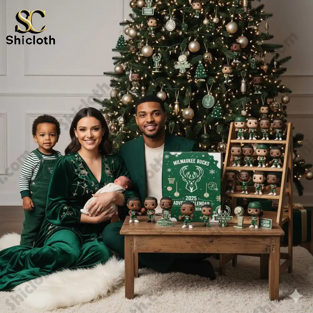 A family sitting by a Christmas tree displaying the Milwaukee Bucks 2025 Advent Calendar and collectible figures.