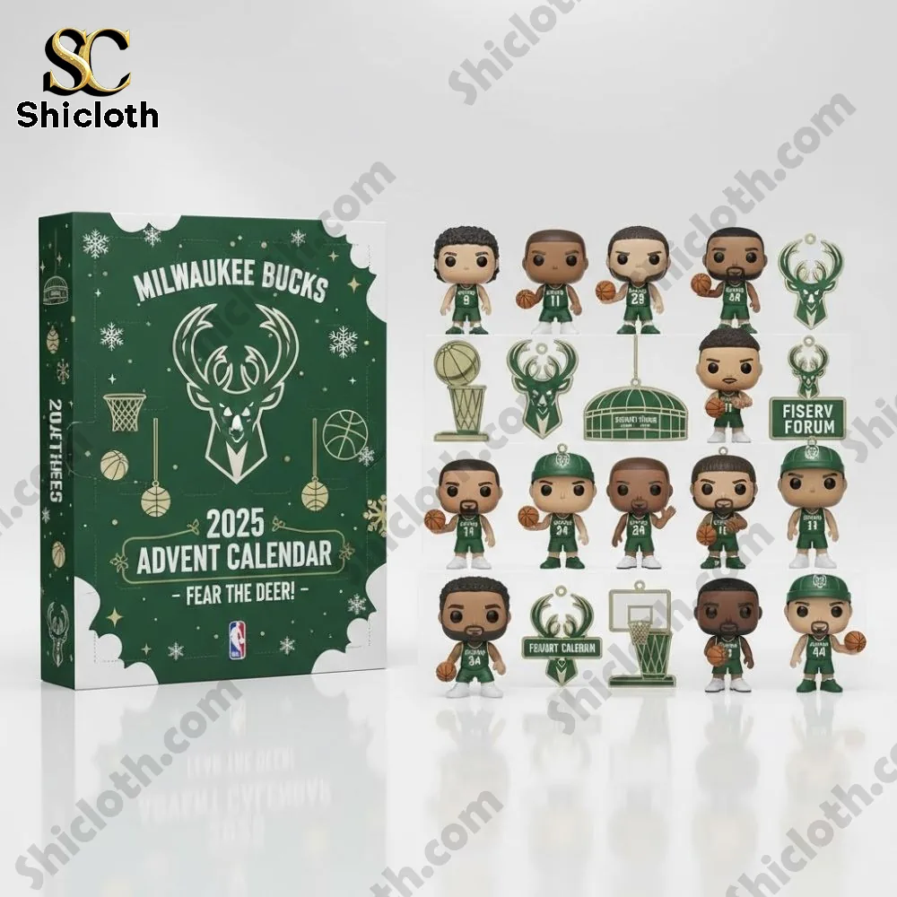 Milwaukee Bucks 2025 Advent Calendar 4 A full display of Milwaukee Bucks 2025 Advent Calendar with collectible basketball figures and team-themed decorations.