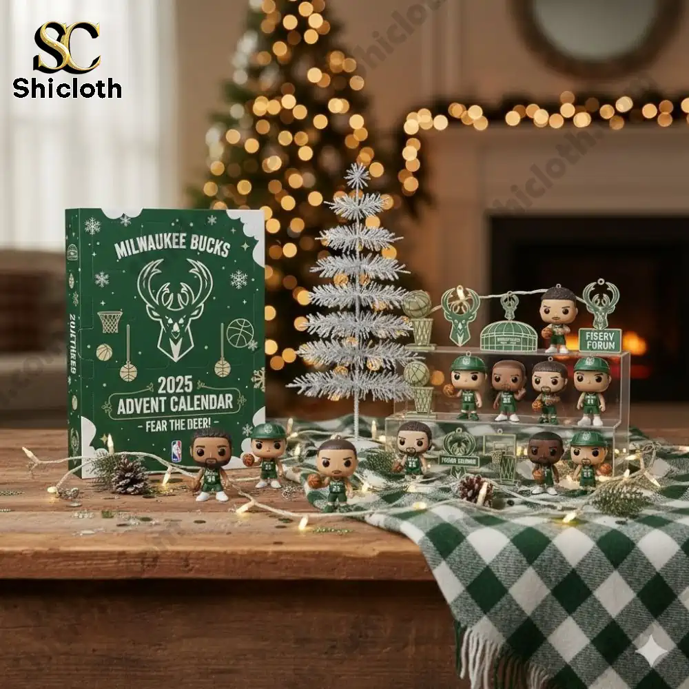 Milwaukee Bucks 2025 Advent Calendar displayed beside a small Christmas tree with collectible figures.