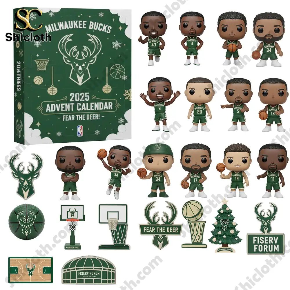 Milwaukee Bucks 2025 Advent Calendar 5 Close-up of Milwaukee Bucks 2025 Advent Calendar figures and basketball-themed accessories.