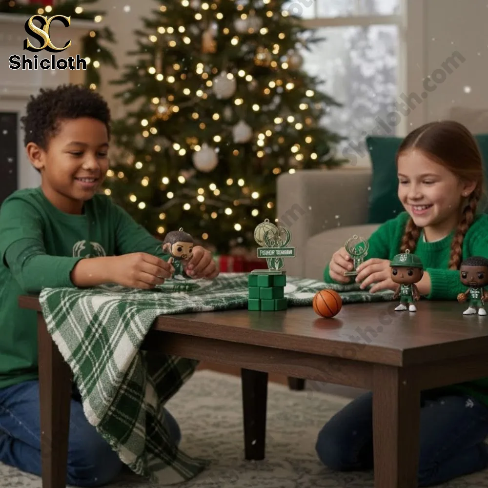 Milwaukee Bucks 2025 Advent Calendar 3 Two children playing with Milwaukee Bucks 2025 Advent Calendar collectible figures near a Christmas tree.