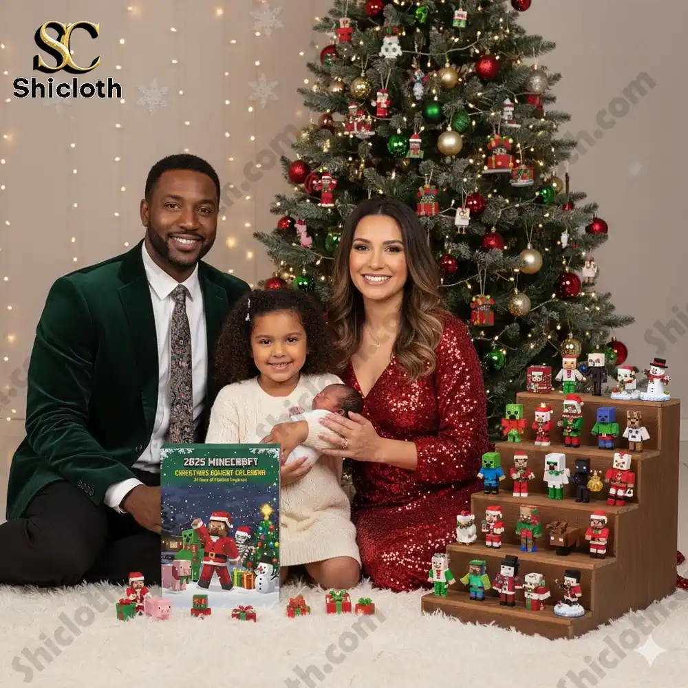 A family sits by a Christmas tree with the 2025 Minecraft Advent Calendar and festive Minecraft figures.